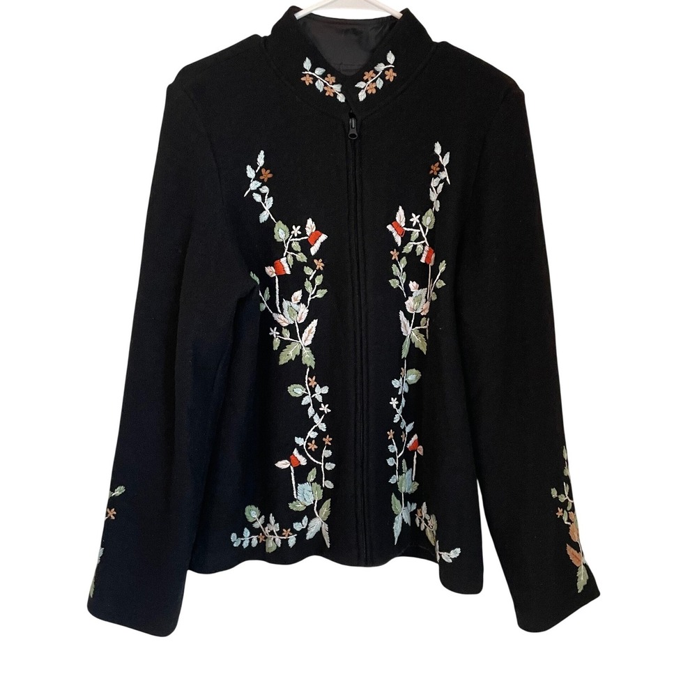 Victor Costa Occasion Vtg Black Wool Blend Embroidered‎ Floral Zip Jacket Size M